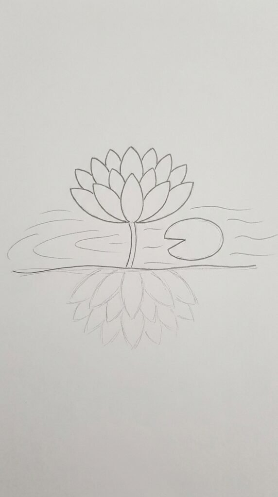  Lotus flower floating on water pencil sketch with ripple lines and a lily pad on white paper.
