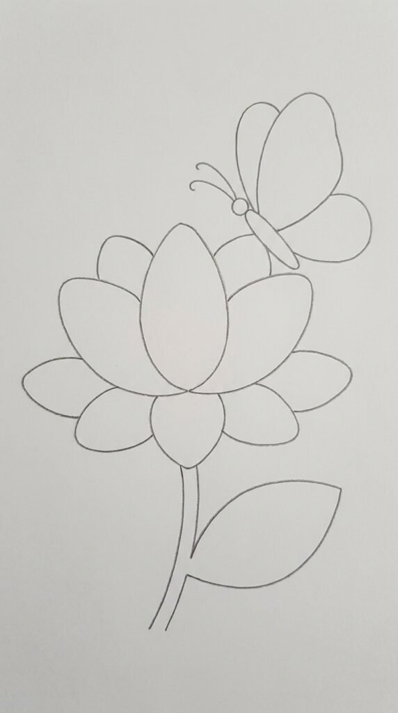 Lotus flower with butterfly pencil drawing with simple wing shapes and a leaf on white paper.