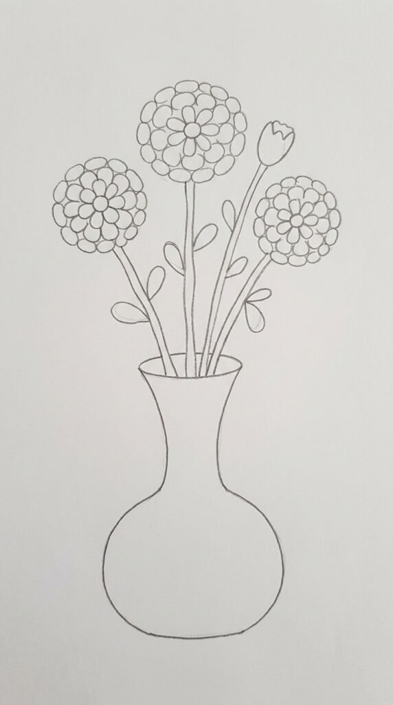 Marigold bouquet in a vase pencil drawing with four flowers, leaves, and buds on fanned stems, beginner sketch style.