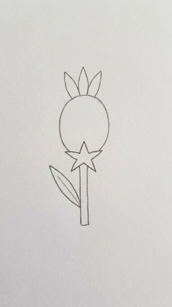 Simple marigold bud pencil drawing with pointed petals at the top and a star-shaped calyx at the bottom, beginner style.
