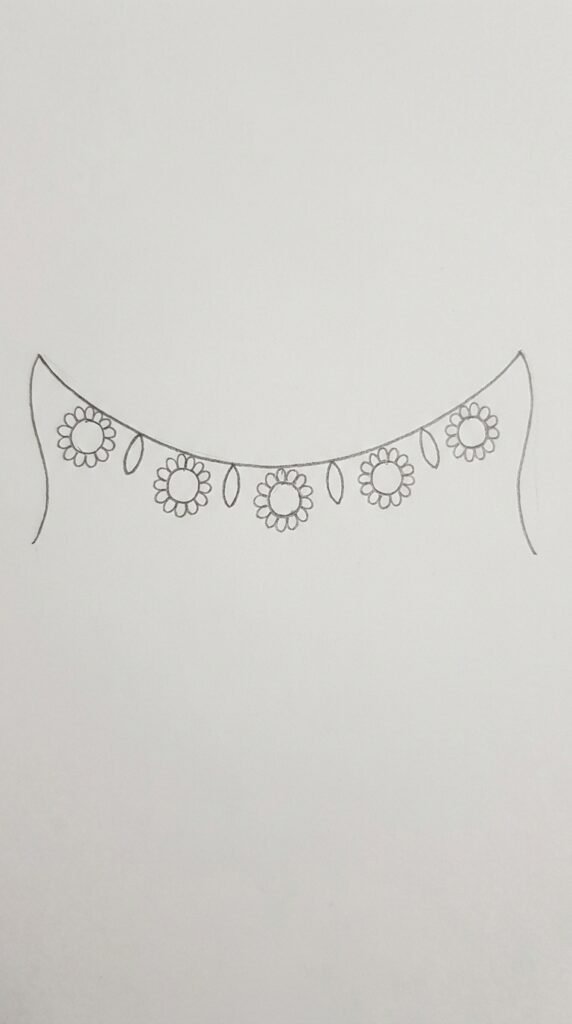 Marigold garland pencil drawing with five small flowers on a curved string with leaves between them, beginner sketch style.