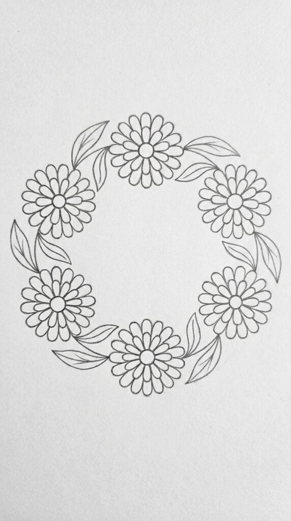  Marigold wreath pencil drawing with six evenly spaced flowers and leaves arranged in a circle, beginner sketch style