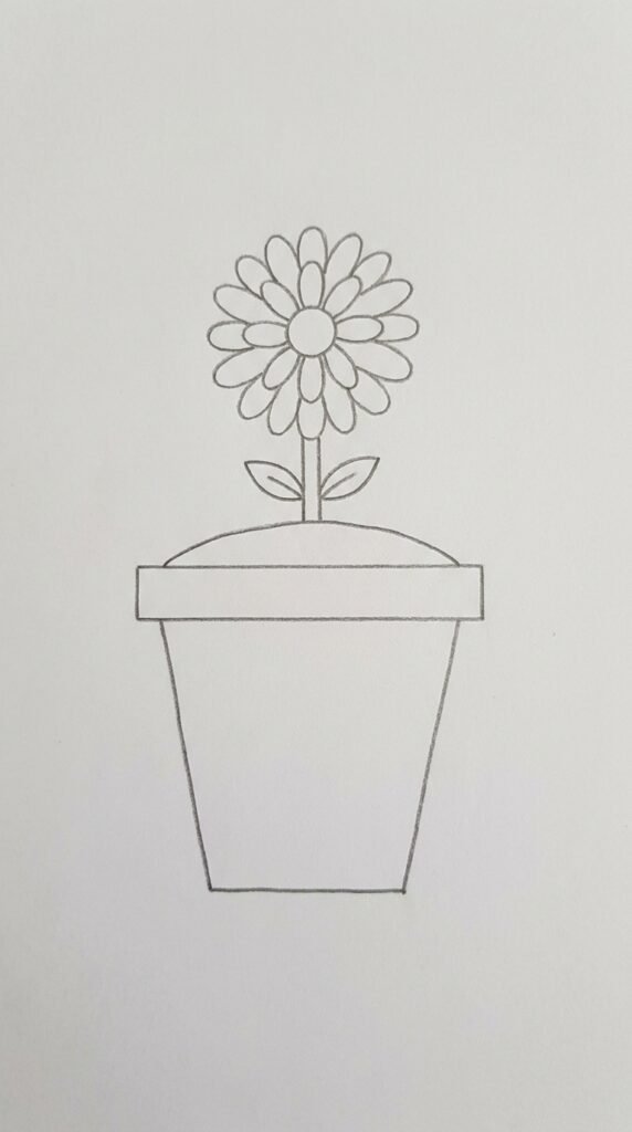 Marigold in a pot pencil drawing with a simple trapezoid pot, short stem, and round flower head with layered petals, beginner sketch.