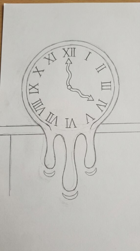 Easy surreal melting clock face drawing for kids with drooping drips over a table edge on white paper.