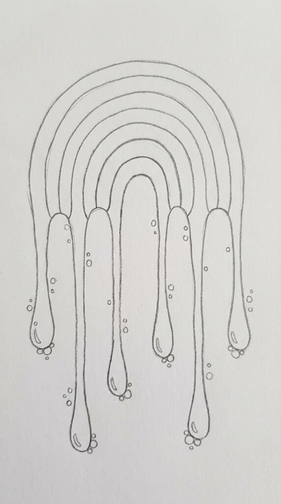 Easy trippy melting rainbow drips drawing for kids with arch stripes and hanging drip shapes on white paper.