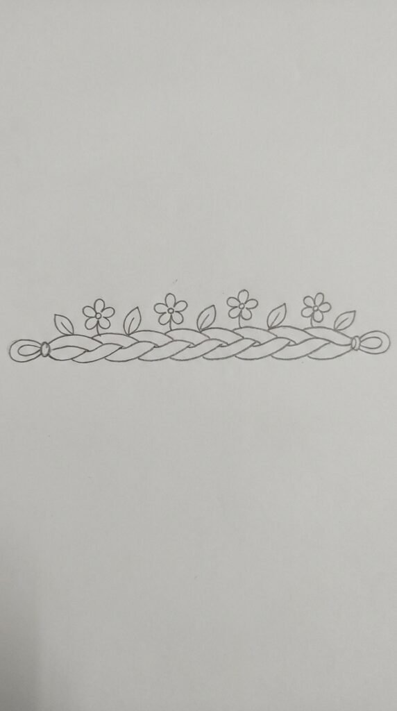 Pencil sketch of a mogra veni or gajra showing a braided flower garland with jasmine blooms along a twisted thread design.