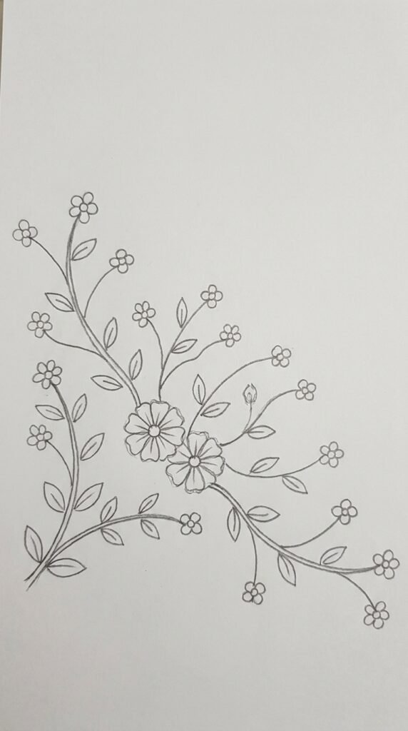 Pencil sketch of a mogra corner decoration with jasmine flowers branching outward from a corner in a triangular spray design
