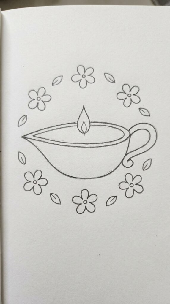 Pencil drawing of a traditional diya oil lamp surrounded by a ring of mogra jasmine flowers and leaves on white paper.