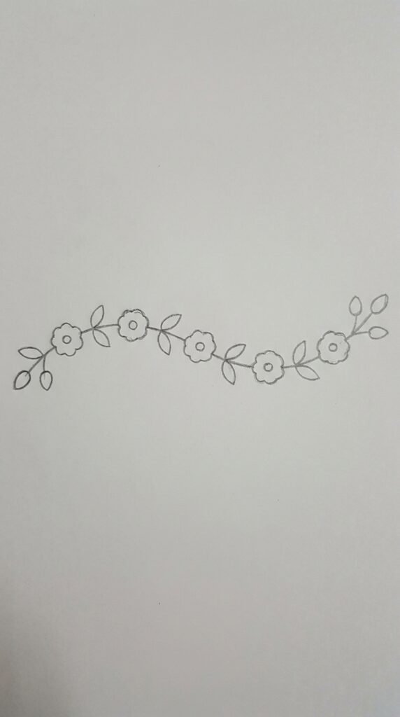 Pencil sketch of a mogra garland border with five small jasmine flowers connected by a curving stem and small leaves on white paper.