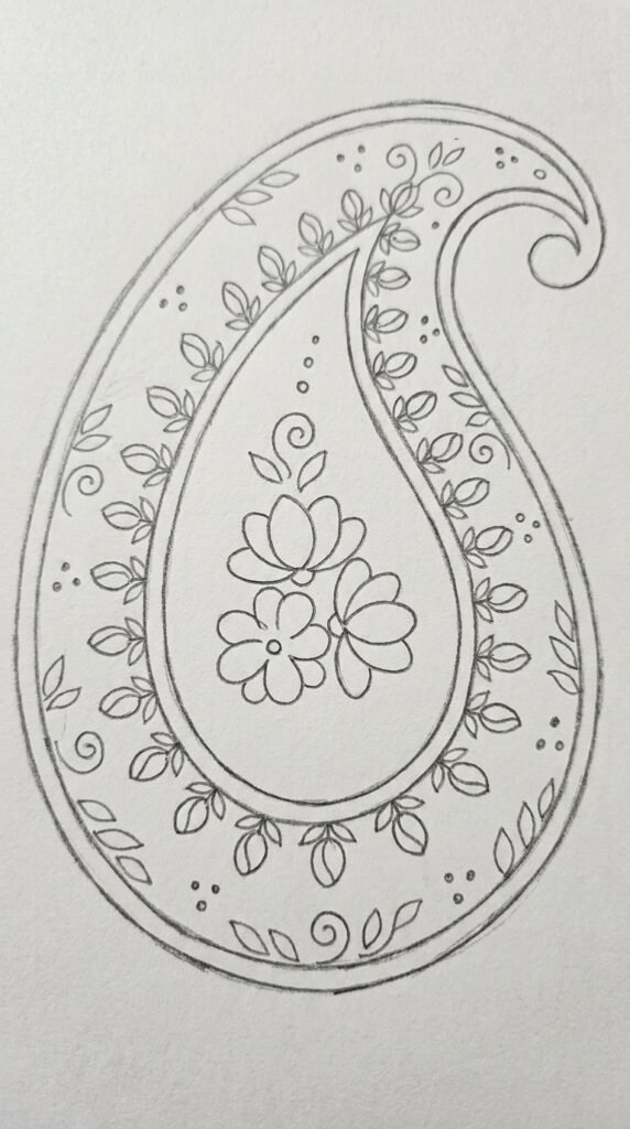Pencil drawing of a paisley shape filled with mogra jasmine flowers and buds in a henna-inspired decorative design on white paper.