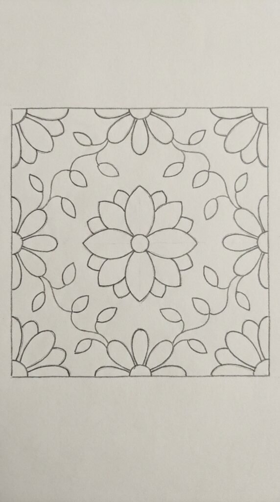 Pencil drawing of a decorative mogra pattern tile with jasmine flowers arranged symmetrically inside a square border on white paper.