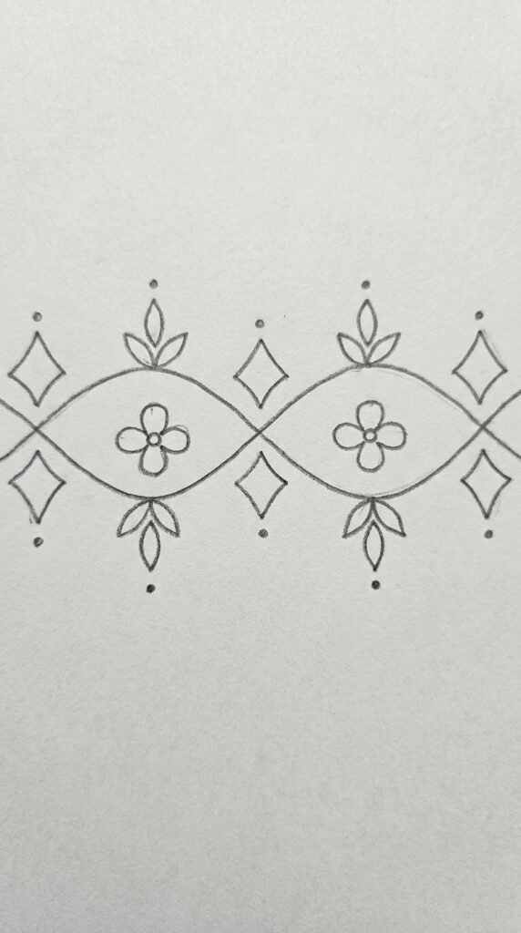 Pencil drawing of a mogra rangoli border with repeating wave patterns and jasmine flowers arranged in a decorative Indian art style.