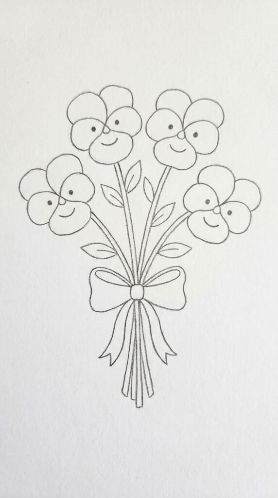 Simple pencil sketch of a pansy bouquet with four blooms and leaves, tied together with a ribbon bow at the stems on white paper.