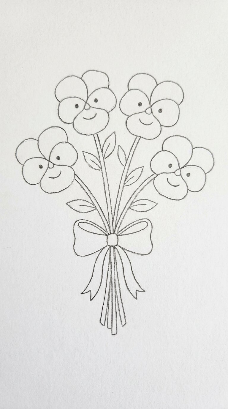 15 Easy Pansy Flower Drawing Ideas for Beginners 9 Pansy Bouquet Tied with a Bow Ribbon