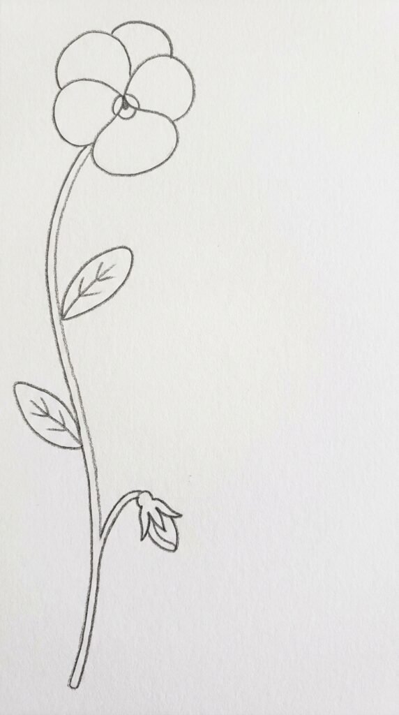 Simple pencil drawing of a pansy flower corner border decoration with a curving stem, two small leaves, and a bud on white paper.