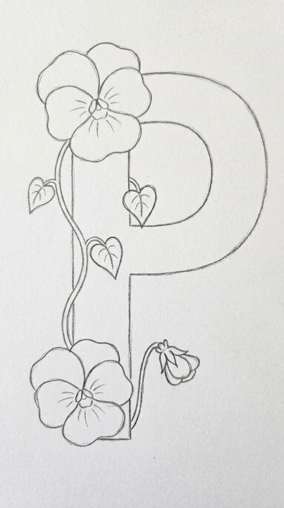Simple pencil drawing of a capital letter decorated with pansy flowers, a trailing stem, small leaves, and a bud on white paper.