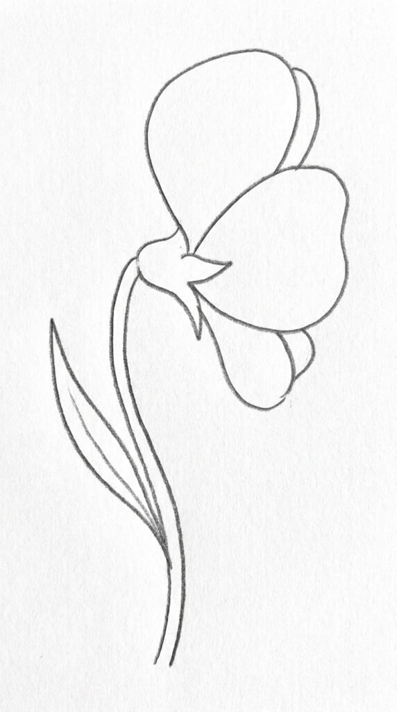 Simple pencil drawing of a pansy flower in side profile view showing three visible petals, a small cup base, and a curved stem with one leaf.