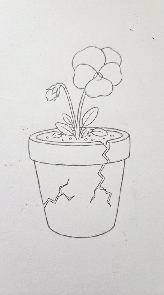 Simple pencil drawing of a pansy flower growing from a cracked clay flower pot with jagged crack lines, stems, and leaves on white paper.