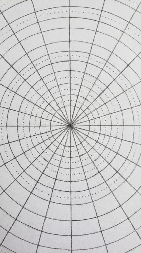 Easy radial sunburst web doodle drawing for kids with radiating lines and concentric rings on white paper.