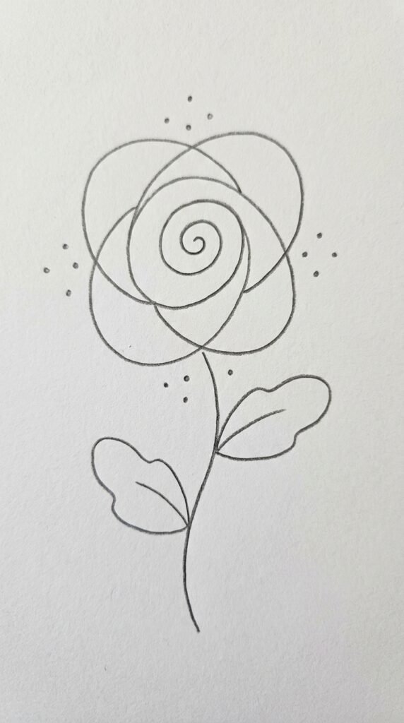 Rose doodle pencil drawing with swirling petal lines, decorative beginner style.