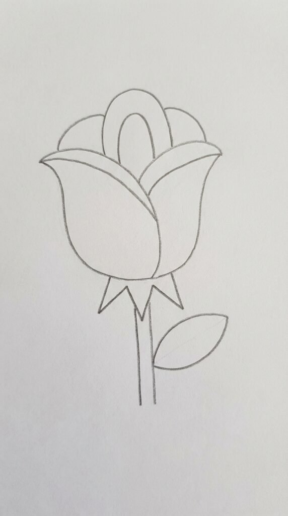 Side view rose outline pencil sketch for beginners, simple petal shapes and stem.
