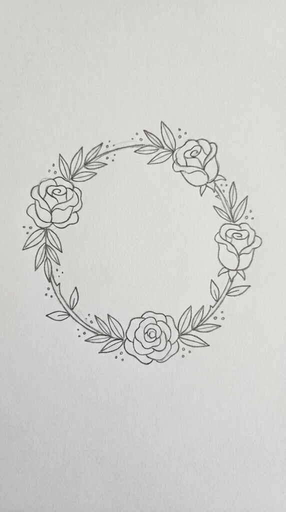 Simple rose wreath frame pencil drawing, three roses with leaves in a circular arrangement.