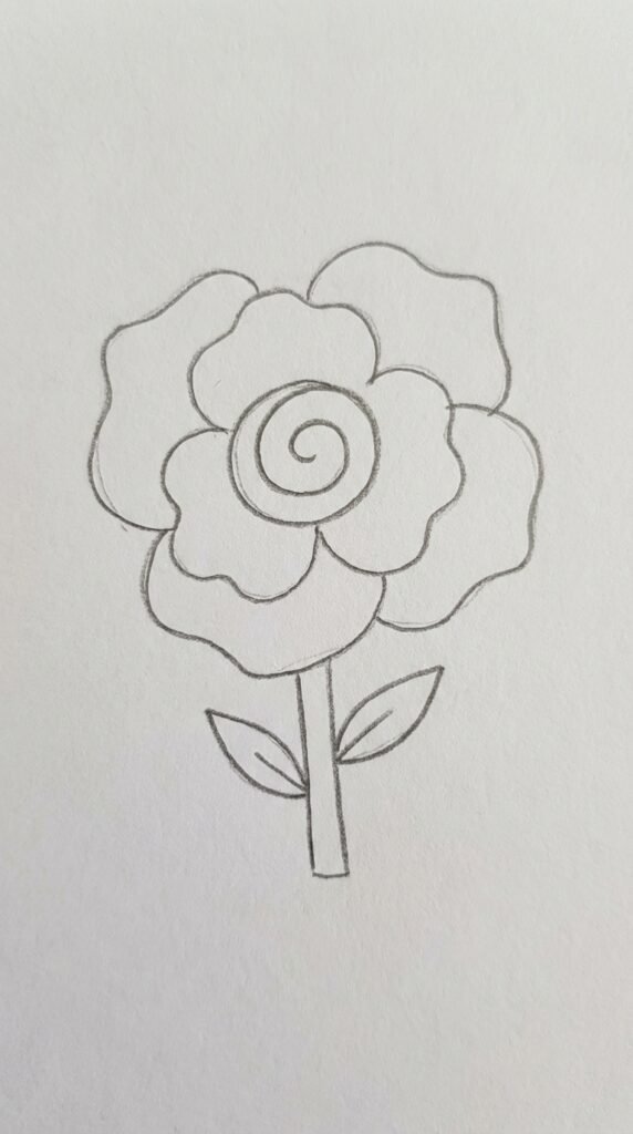 Simple cartoon rose pencil drawing with spiral center and rounded petals, beginner style.