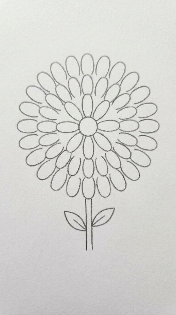  Simple round marigold pencil drawing with three rings of layered petals and a short stem, beginner style.