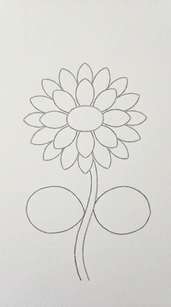 Simple single lotus flower pencil drawing with layered petals and a curved stem on white paper.
