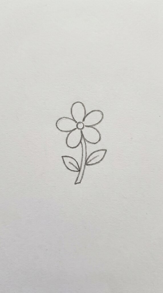 Simple pencil drawing of a single mogra jasmine flower with five rounded petals and two small leaves on a plain white background.