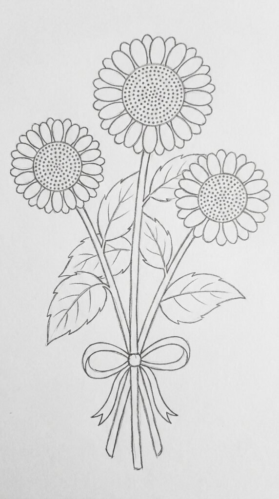  Pencil drawing of a three-sunflower bouquet tied with a ribbon bow, with overlapping leaves and stems on white paper.