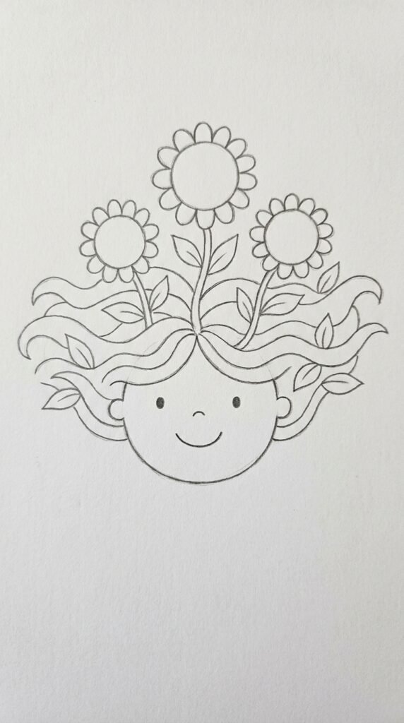  Pencil drawing of a simple face with sunflowers growing from wavy hair, leaves, and stems in a whimsical illustration on white paper.
