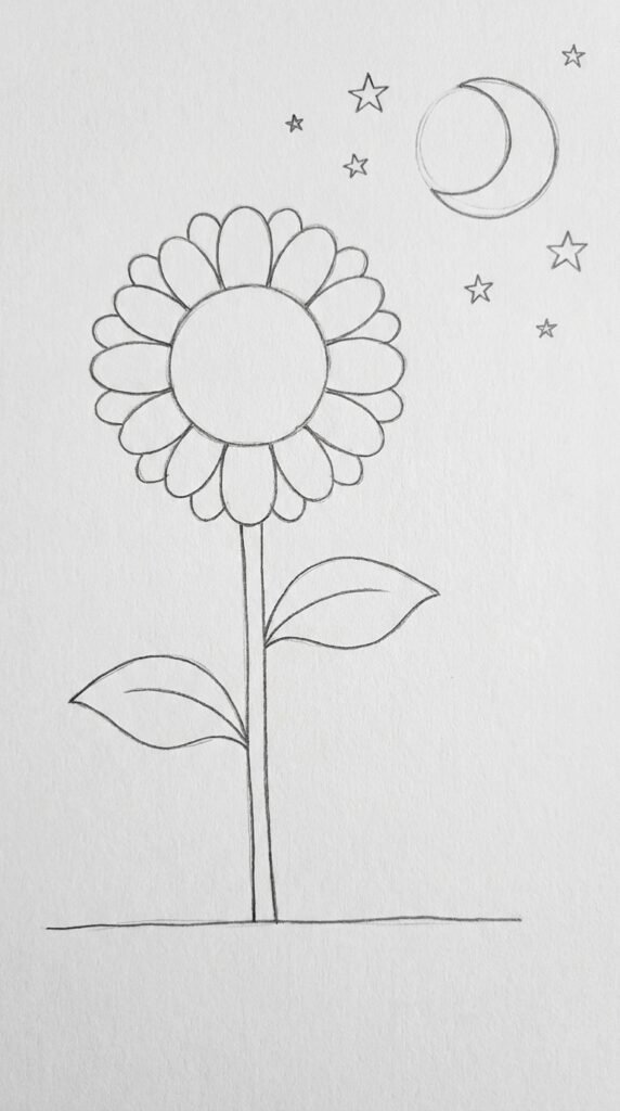 Pencil drawing of a sunflower reaching toward a crescent moon with stars in a simple night sky scene on white paper.
