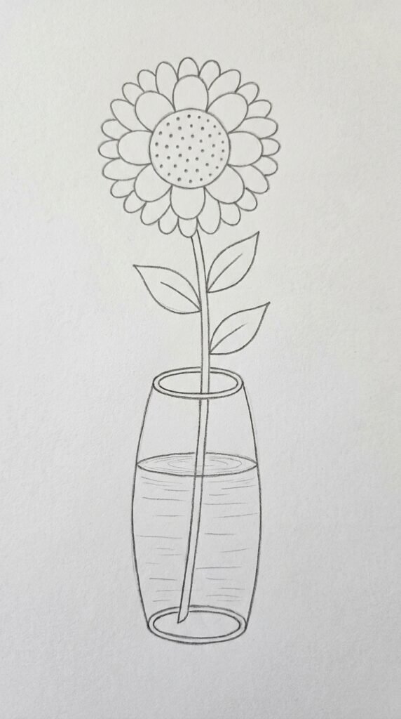  Pencil sketch of a sunflower in a simple glass vase with stem, leaves, and water lines drawn on white paper.
