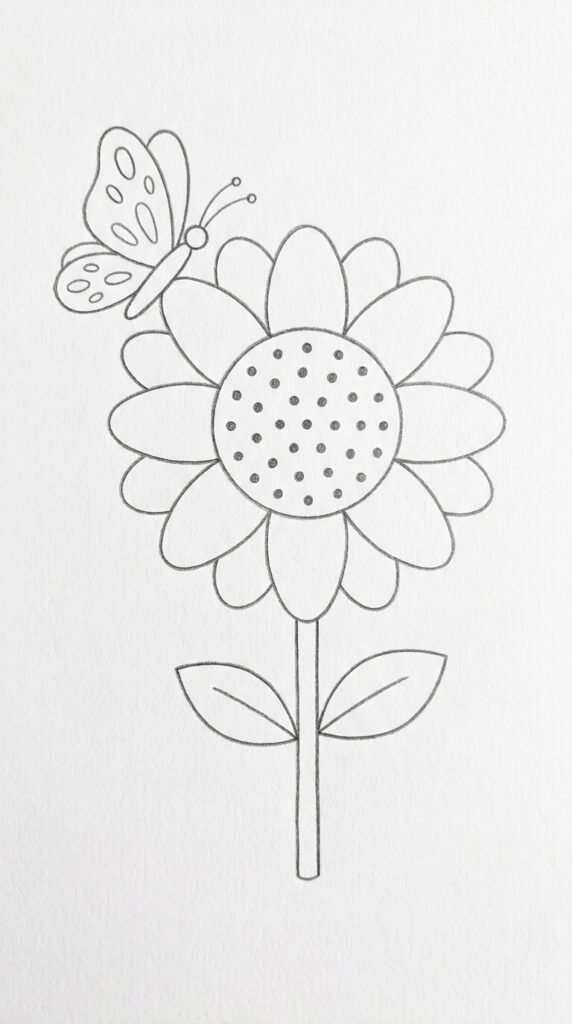 Pencil drawing of a sunflower with a simple butterfly resting on one petal, with stem and leaves on white paper.