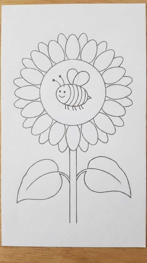 Pencil drawing of a bee landing on a sunflower with striped oval body, round wings, antennae, and legs on white paper.