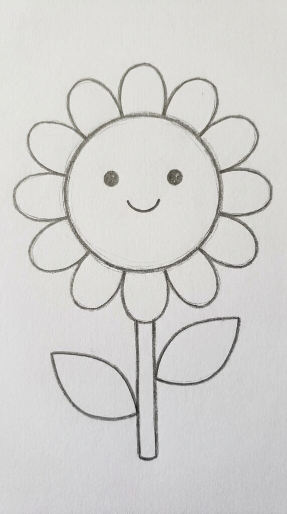 Pencil sketch of a sunflower viewed from the side profile angle with curved stem, angled seed head, and elongated petals.