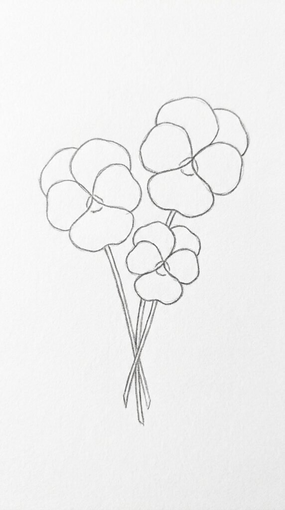 Simple pencil sketch of three pansy flowers drawn in a loose cluster with overlapping petals and stems converging at the base.