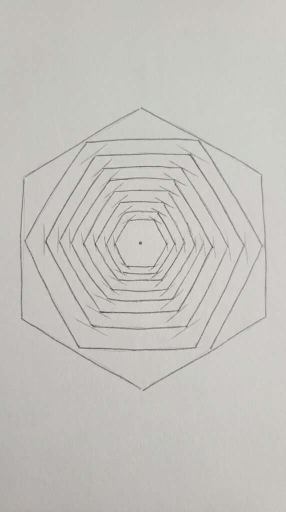 Easy trippy hexagon tunnel optical illusion drawing for kids with concentric hexagon rings on white paper.