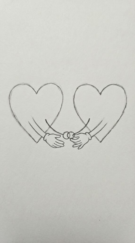 Two simple heart characters holding hands drawn in pencil on white paper, beginner love drawing idea.
