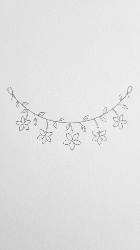 A pencil sketch of a jasmine flower hair garland with five blooms and small buds hanging from a curved string.