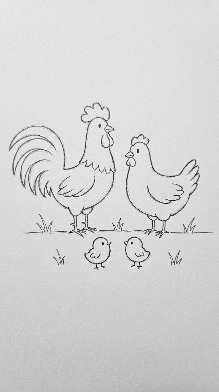 12 Chicken Drawing Ideas That Are Easy and Fun for Beginners 4 Cartoon Chicken Family Scene