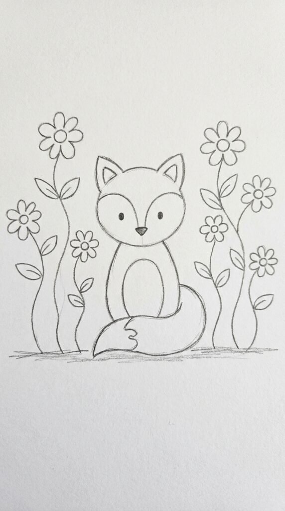 Fox with Flowers Drawing
