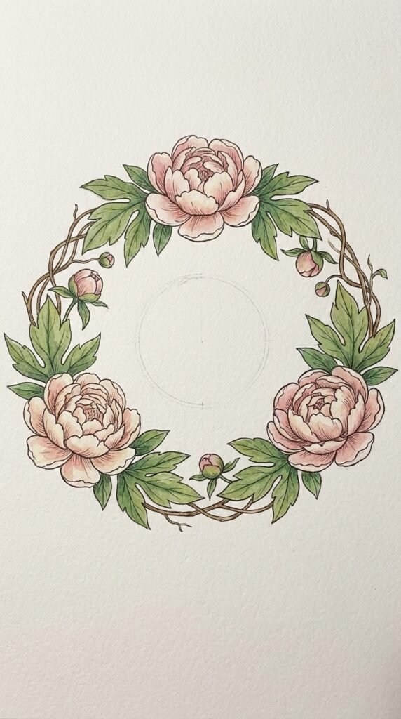 Peony Flower Wreath Drawing