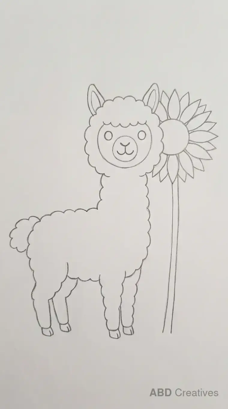 Alpaca Standing Beside Tall Sunflower