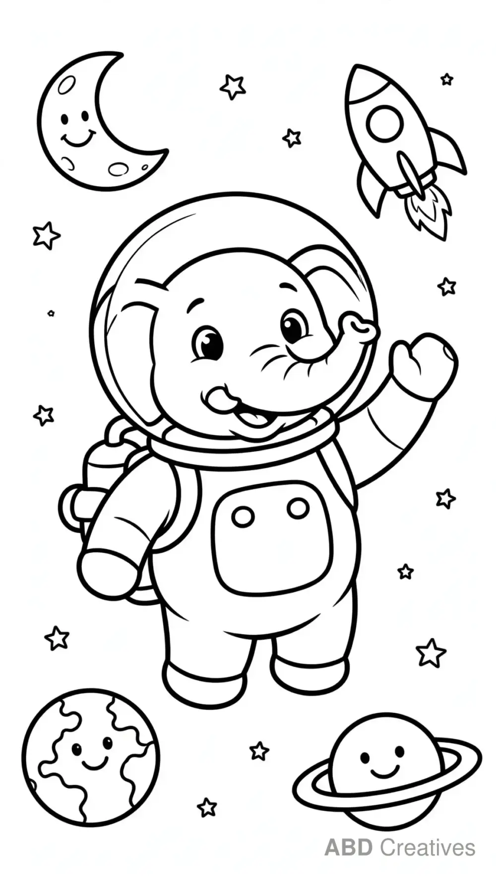Astronaut Elephant in Space Coloring Page