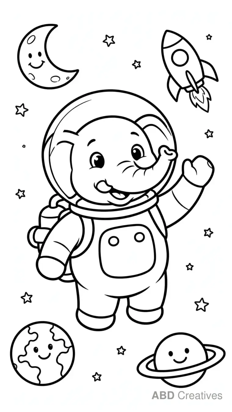Astronaut Elephant in Space Coloring Page