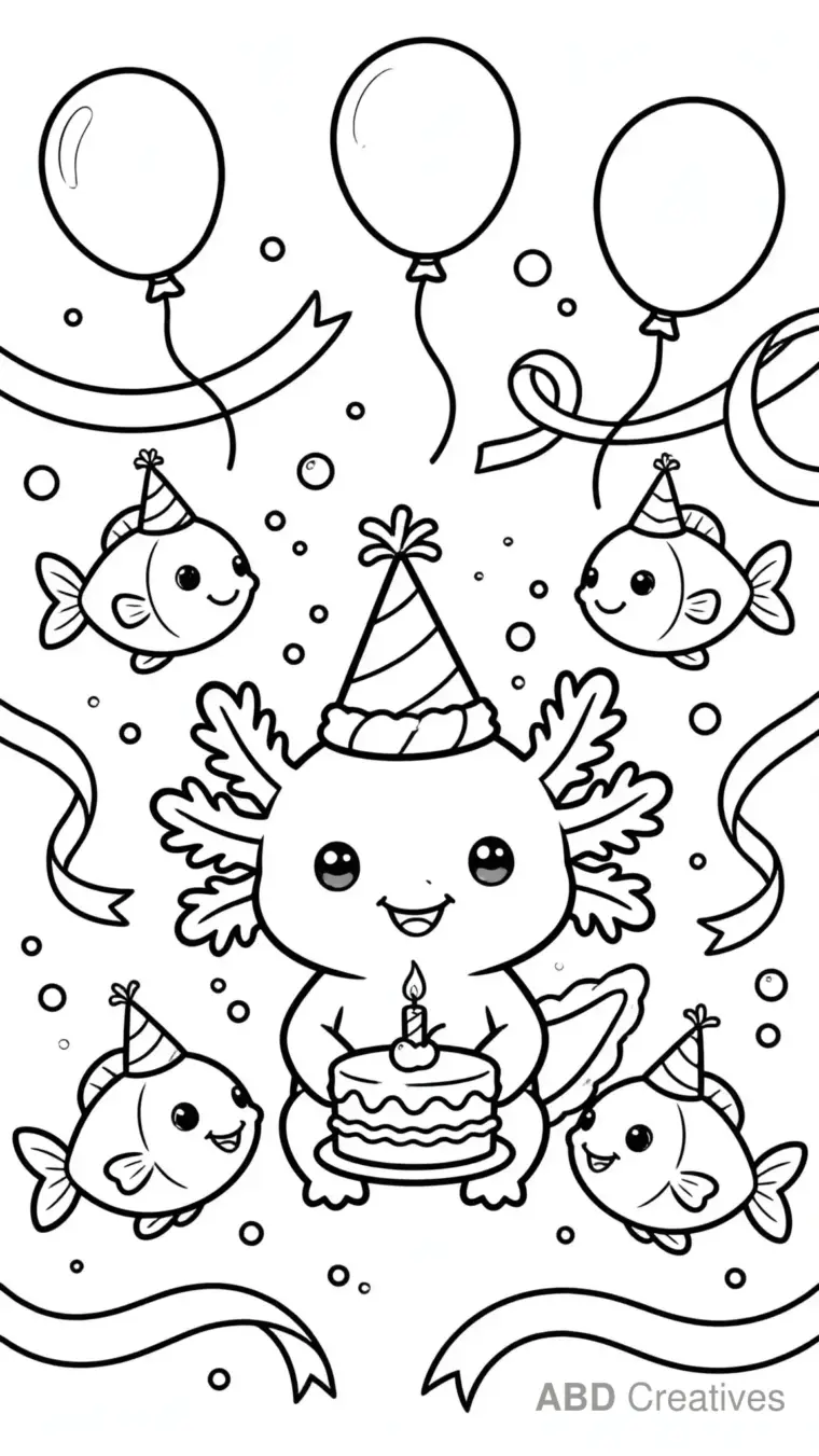 Axolotl Birthday Party with Fish Coloring Page