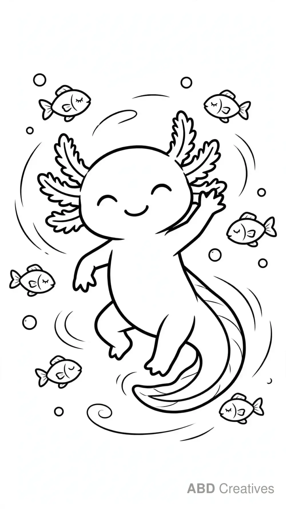 Axolotl Dancing with a Fish School Coloring Page