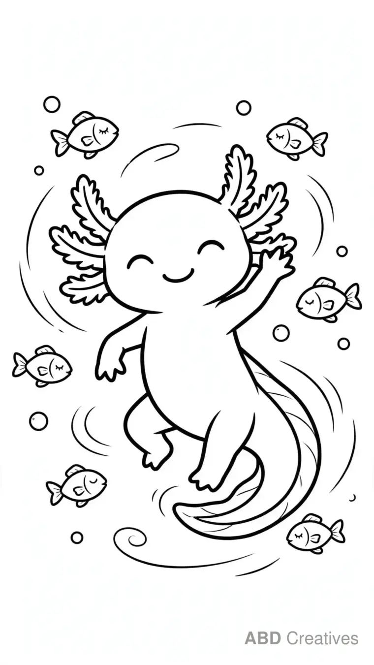 Axolotl Dancing with a Fish School Coloring Page